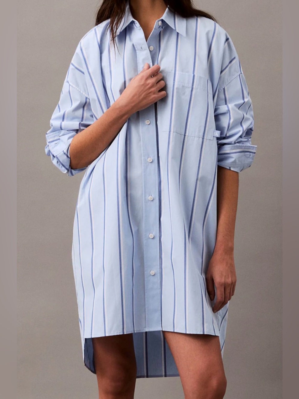 New 💙Calvin Klein Light Blue and Navy Striped Shirt Dress size L - Picture 2 of 14